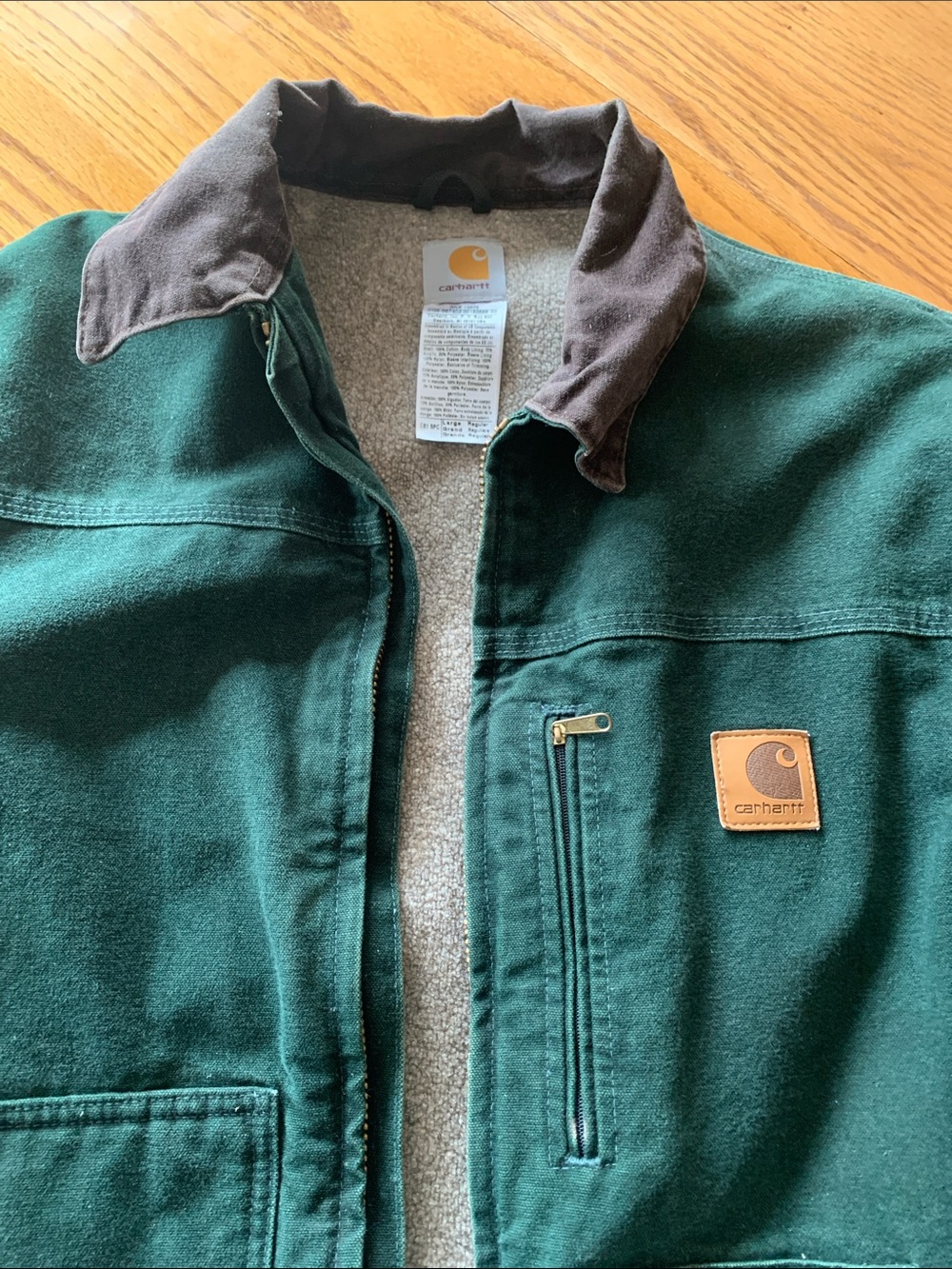 Carhartt Green Jacket with Brown Collar and Leather Logo Patch - Picture 2 of 10